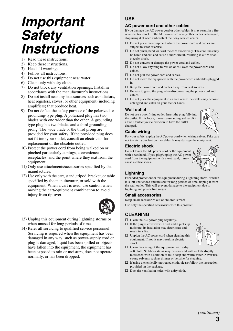Important safety instructions | Sony DMX-WL1 User Manual | Page 3 / 24