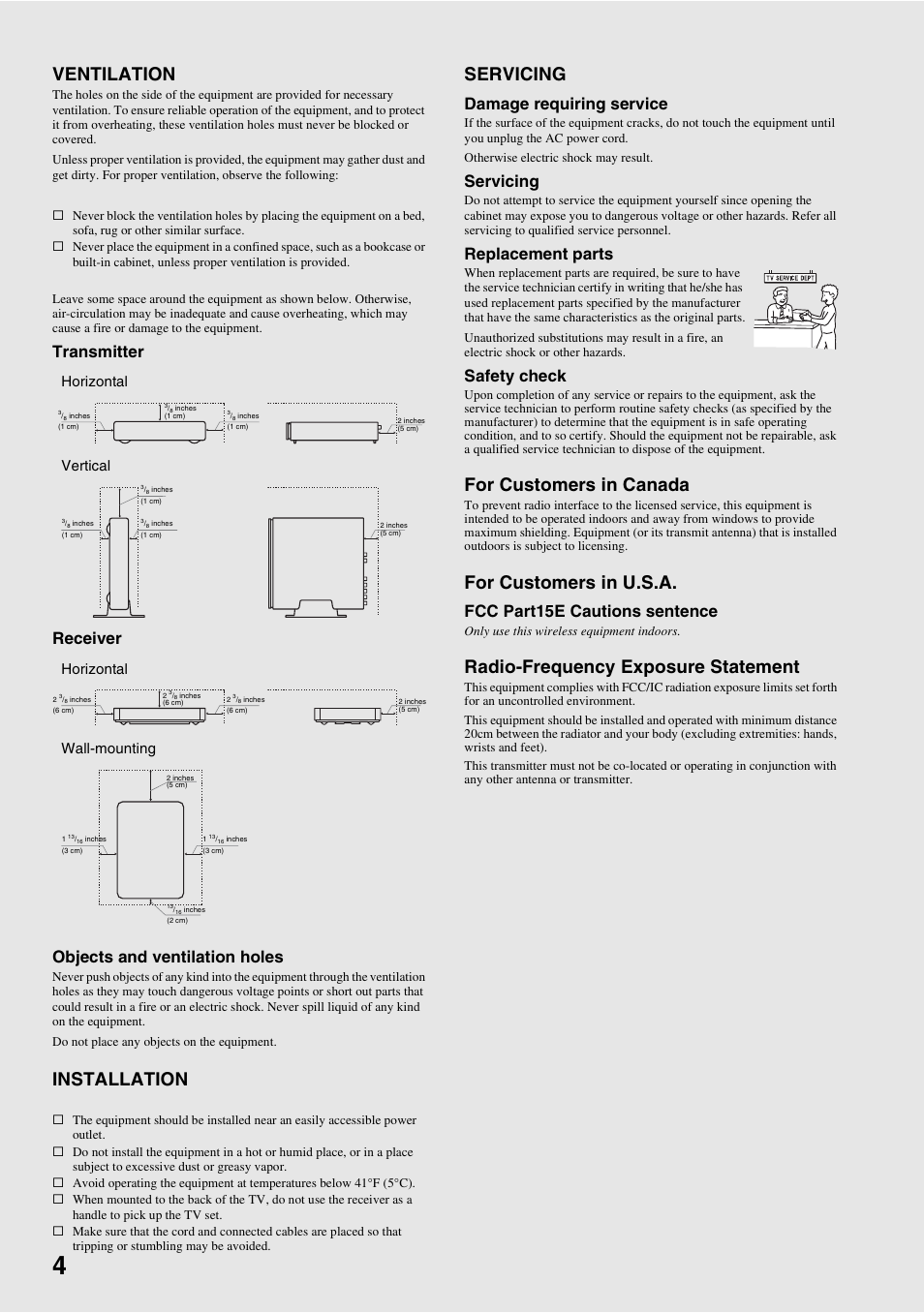 Ventilation, Installation, Servicing | For customers in canada, For customers in u.s.a, Radio-frequency exposure statement, Transmitter receiver objects and ventilation holes, Damage requiring service, Replacement parts, Safety check | Sony DMX-WL1 User Manual | Page 4 / 24