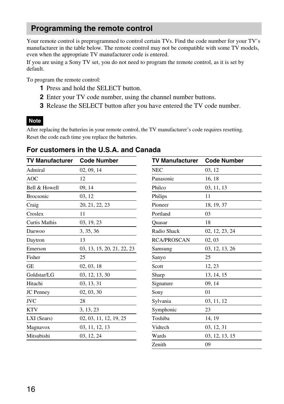 Programming the remote control, 16 programming the remote control, For customers in the u.s.a. and canada | Sony VGP-MR200U/E User Manual | Page 16 / 69