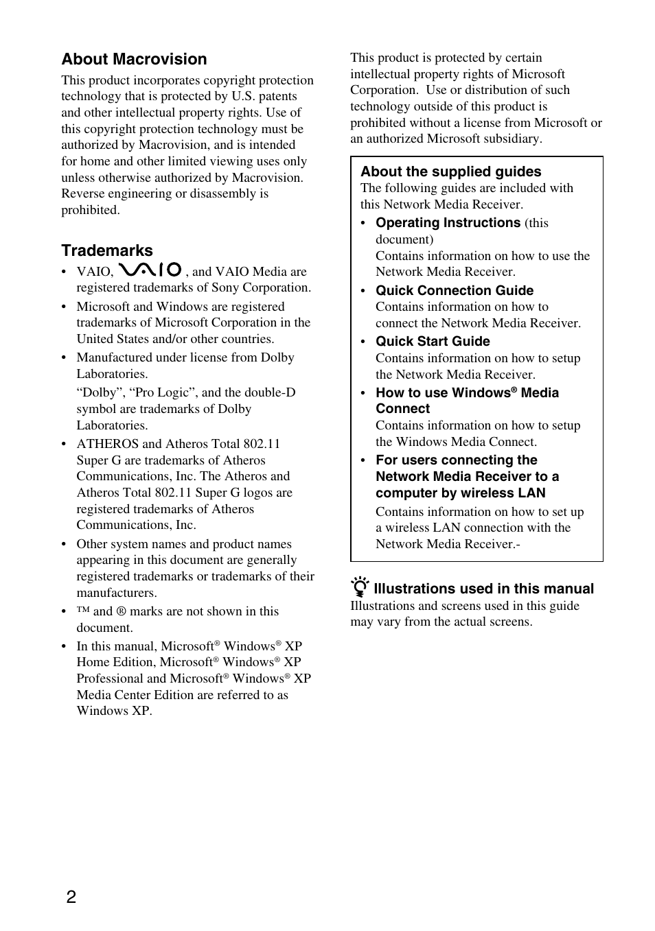 About macrovision, Trademarks | Sony VGP-MR200U/E User Manual | Page 2 / 69