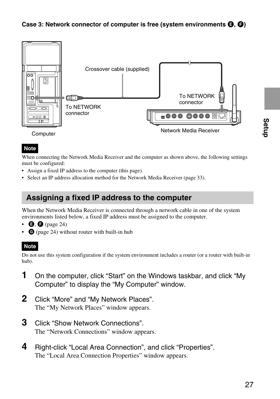 Assigning a fixed ip address to the computer, Assigning a fixed ip address to the, Computer | Sony VGP-MR200U/E User Manual | Page 27 / 69