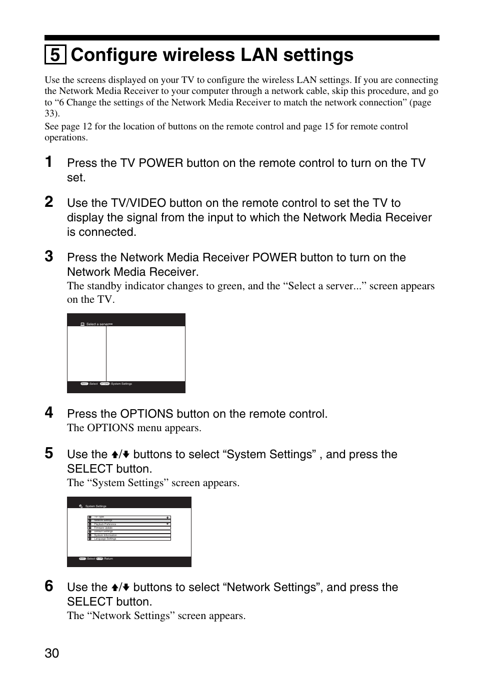 5 configure wireless lan settings, Press the options button on the remote control, The options menu appears | The “system settings” screen appears, The “network settings” screen appears | Sony VGP-MR200U/E User Manual | Page 30 / 69