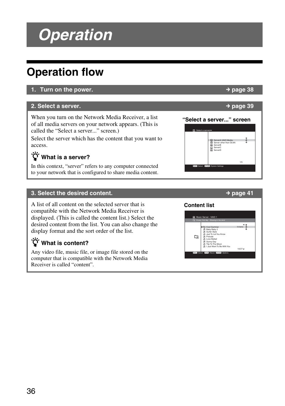 Operation, Operation flow, What is a server | What is content, Select a server...” screen, Content list | Sony VGP-MR200U/E User Manual | Page 36 / 69