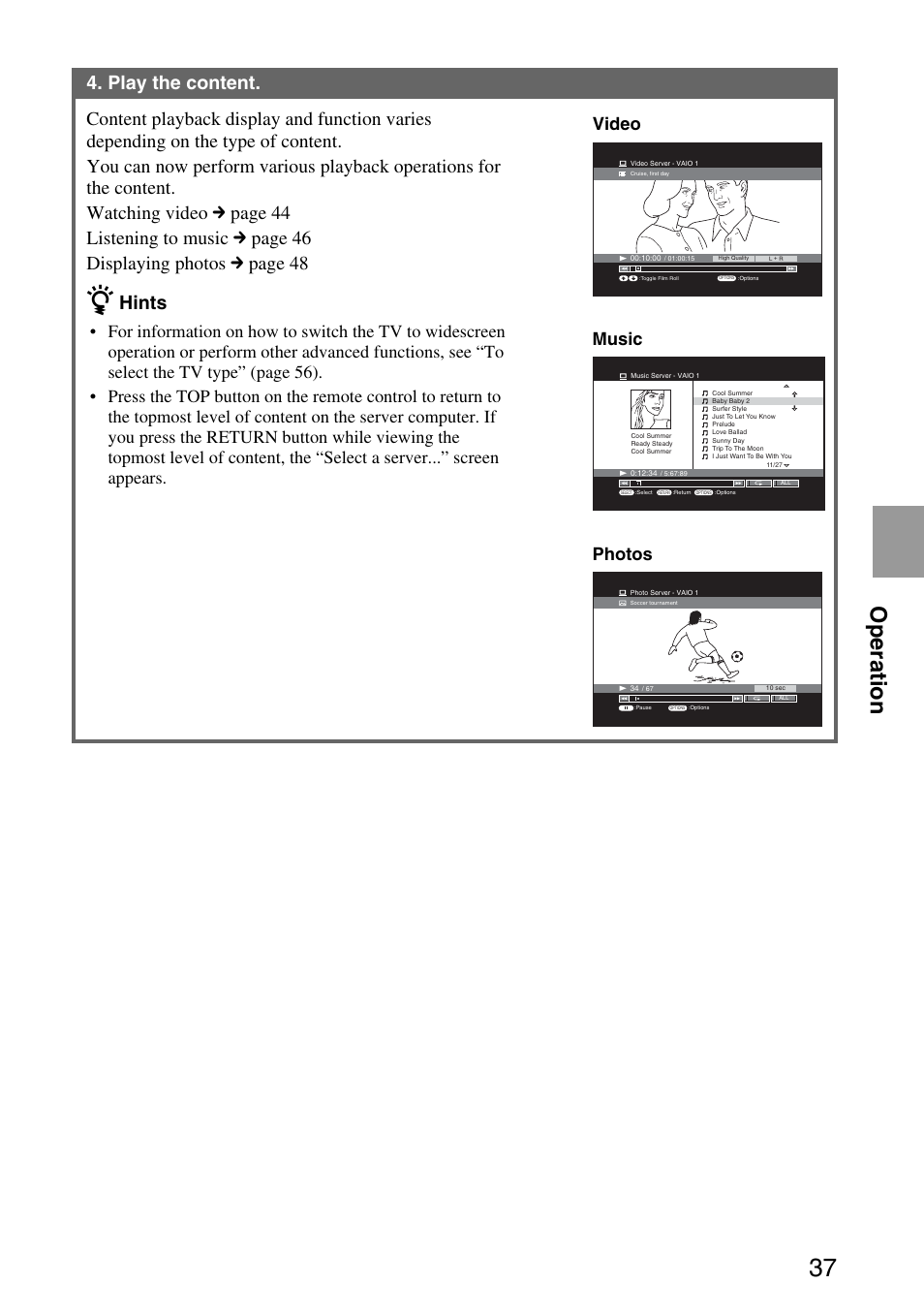 Operation, Hints, Video | Music, Photos | Sony VGP-MR200U/E User Manual | Page 37 / 69