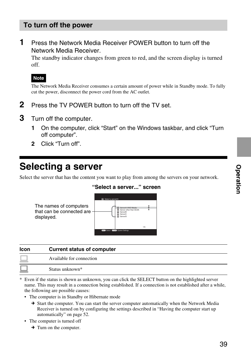 To turn off the power, Selecting a server, 39 to turn off the power | Operation, Press the tv power button to turn off the tv set, Turn off the computer | Sony VGP-MR200U/E User Manual | Page 39 / 69