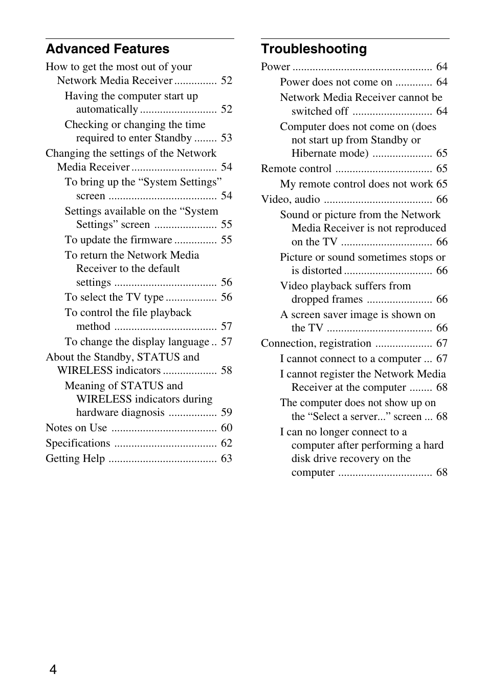 4advanced features, Troubleshooting | Sony VGP-MR200U/E User Manual | Page 4 / 69