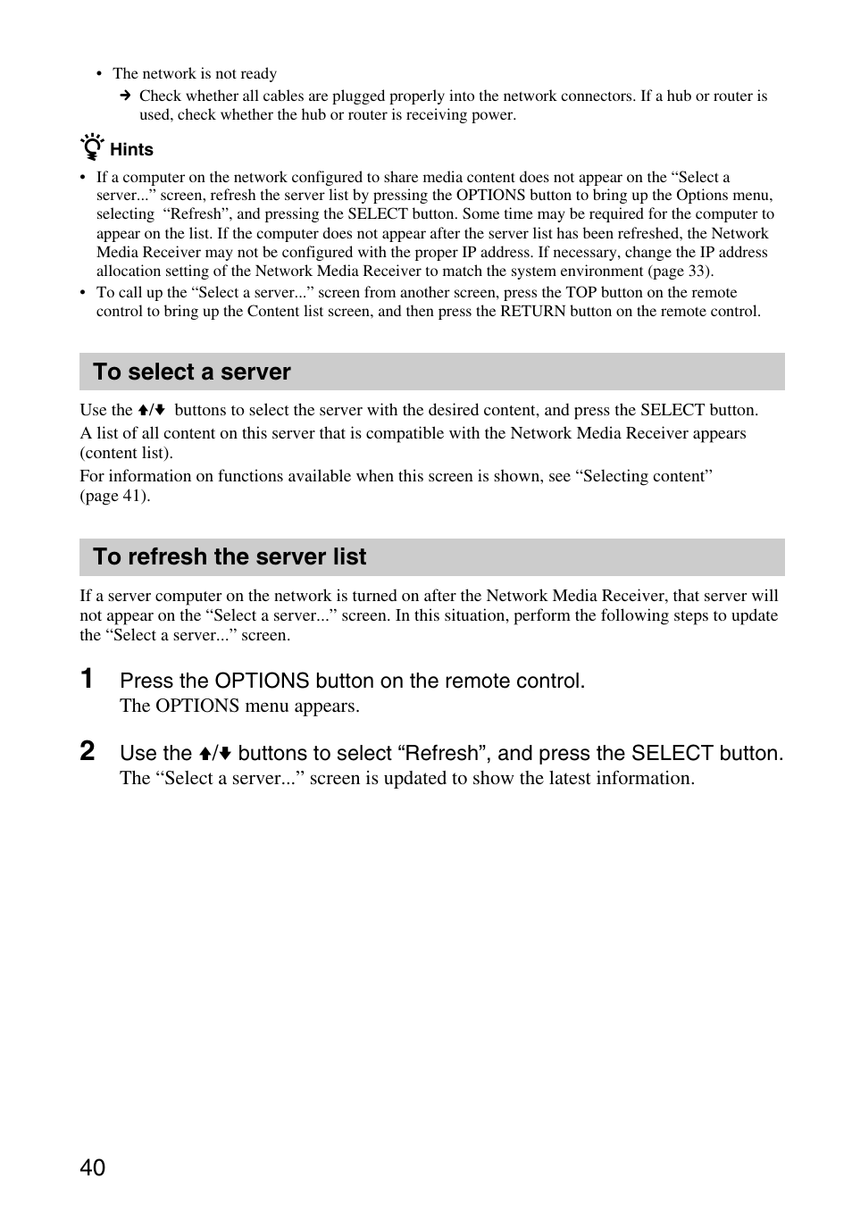 To select a server, To refresh the server list, To select a server to refresh the server list | Sony VGP-MR200U/E User Manual | Page 40 / 69