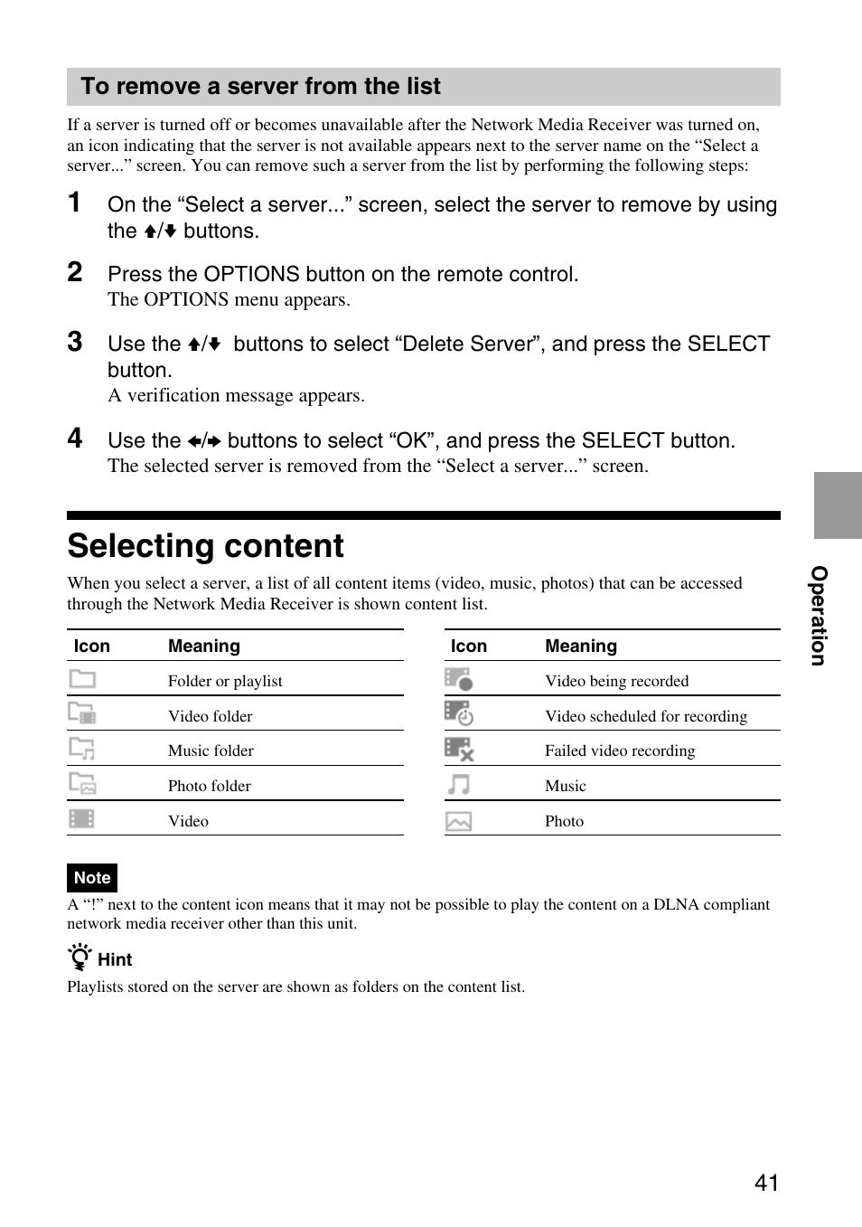 To remove a server from the list, Selecting content, To remove a server from the list . 41 | 41 to remove a server from the list | Sony VGP-MR200U/E User Manual | Page 41 / 69