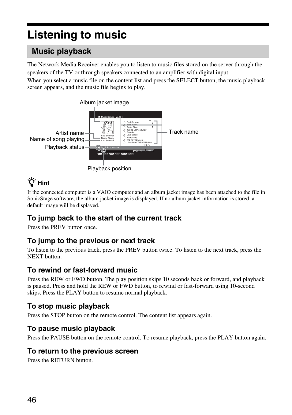 Listening to music, Music playback | Sony VGP-MR200U/E User Manual | Page 46 / 69