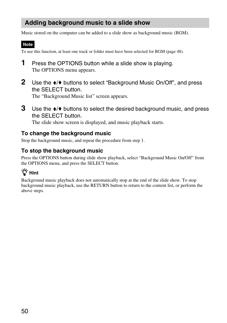 Adding background music to a slide show, Adding background music to a slide, Show | Sony VGP-MR200U/E User Manual | Page 50 / 69