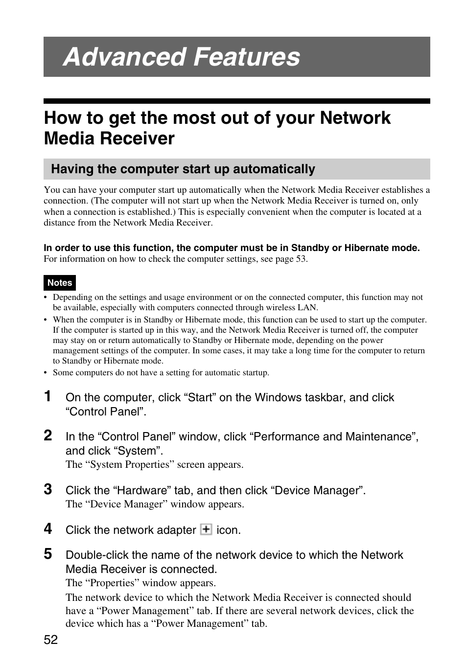 Advanced features, Having the computer start up automatically, How to get the most out of your | Network media receiver, Having the computer start up, Automatically | Sony VGP-MR200U/E User Manual | Page 52 / 69