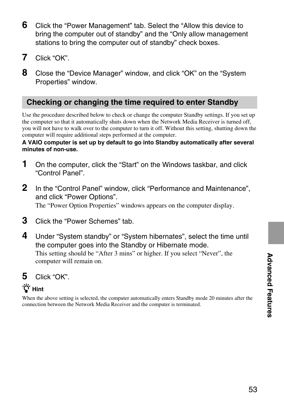 Checking or changing the time, Required to enter standby | Sony VGP-MR200U/E User Manual | Page 53 / 69