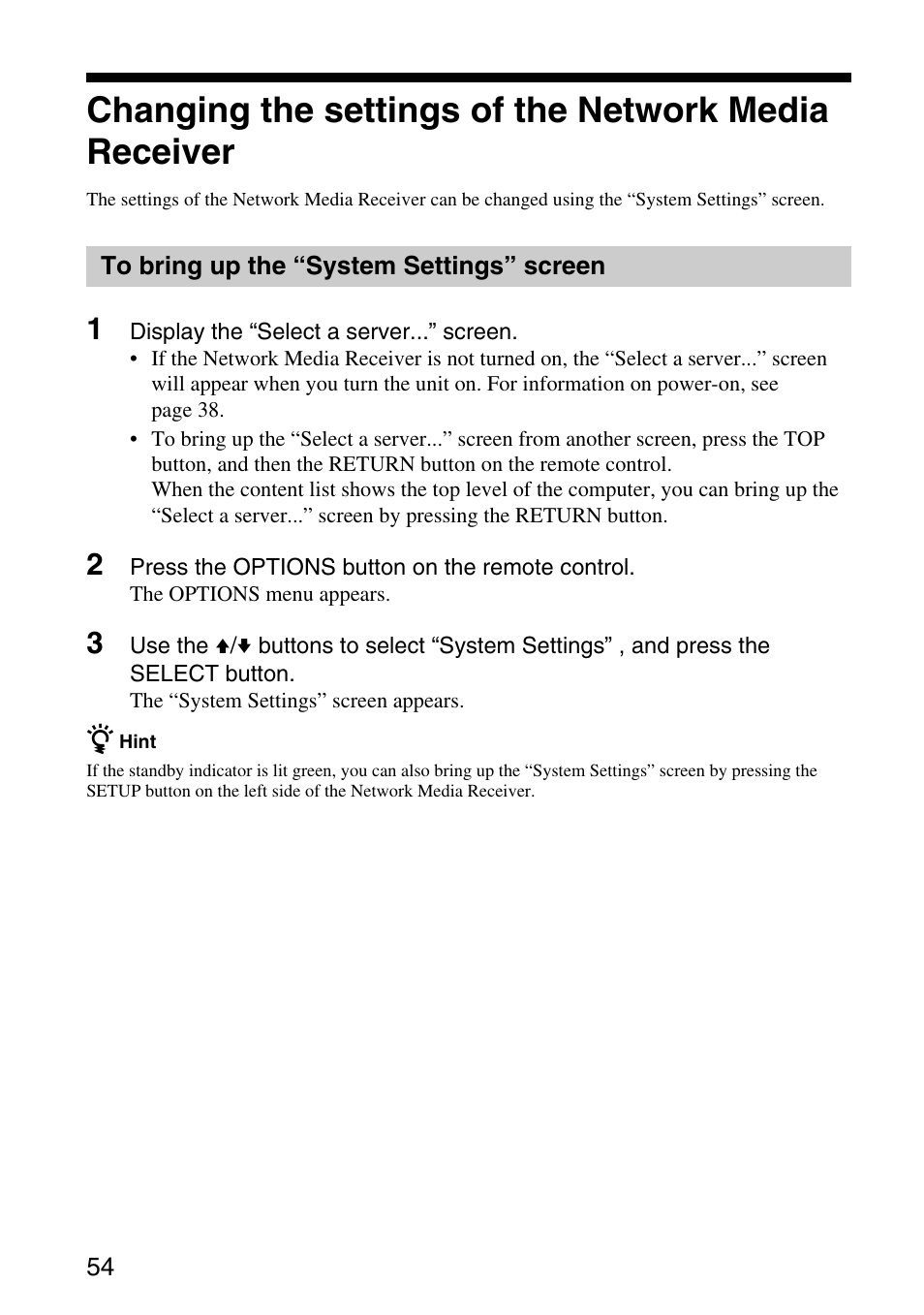 To bring up the “system settings” screen, Changing the settings of the network, Media receiver | To bring up the “system settings, Screen | Sony VGP-MR200U/E User Manual | Page 54 / 69