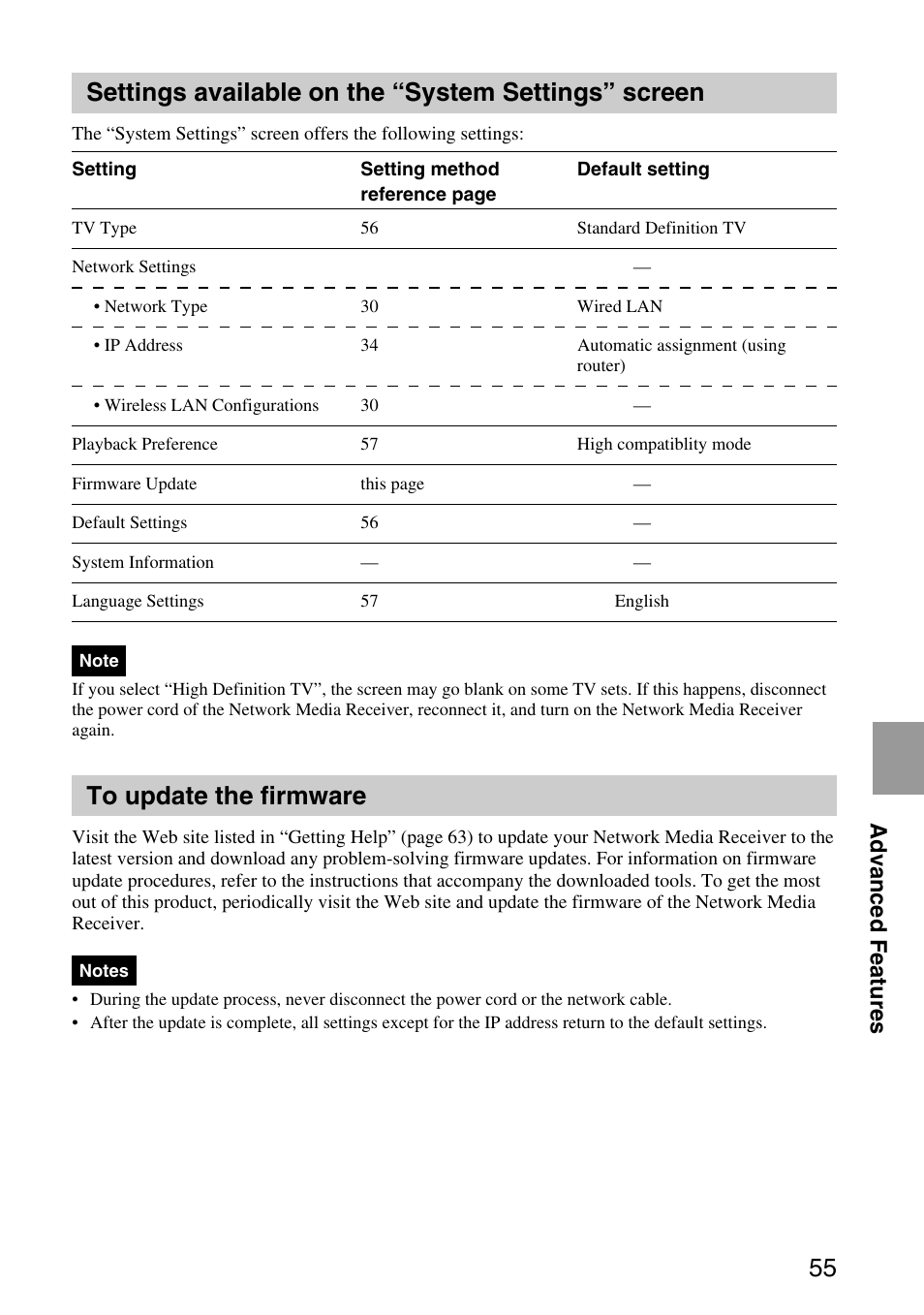 Settings available on the “system settings” screen, To update the firmware, Settings available on the “system | Settings” screen, Advanced features | Sony VGP-MR200U/E User Manual | Page 55 / 69