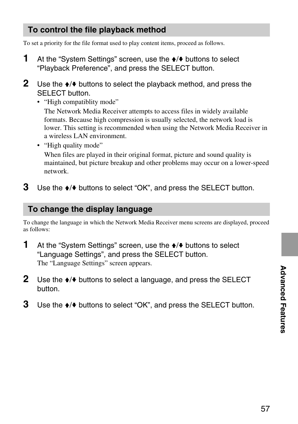 To control the file playback method, To change the display language, To control the file playback | Method | Sony VGP-MR200U/E User Manual | Page 57 / 69