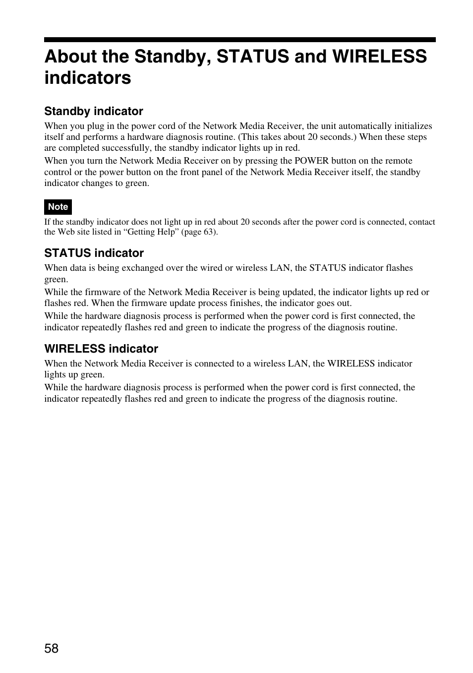 About the standby, status and wireless indicators, About the standby, status and, Wireless indicators | Sony VGP-MR200U/E User Manual | Page 58 / 69