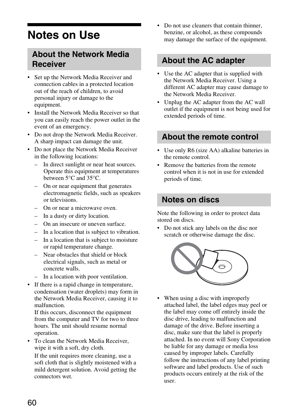 Notes on use, About the network media receiver, About the ac adapter | About the remote control | Sony VGP-MR200U/E User Manual | Page 60 / 69