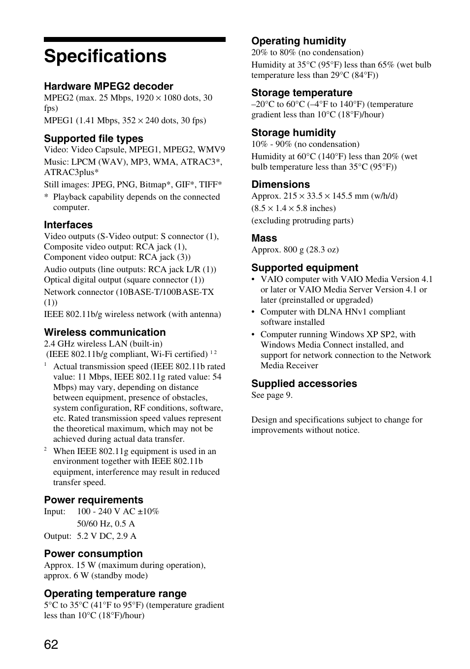 Specifications | Sony VGP-MR200U/E User Manual | Page 62 / 69