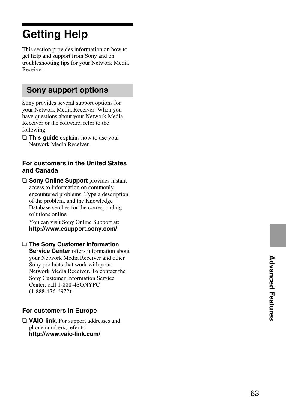 Getting help, Sony support options | Sony VGP-MR200U/E User Manual | Page 63 / 69