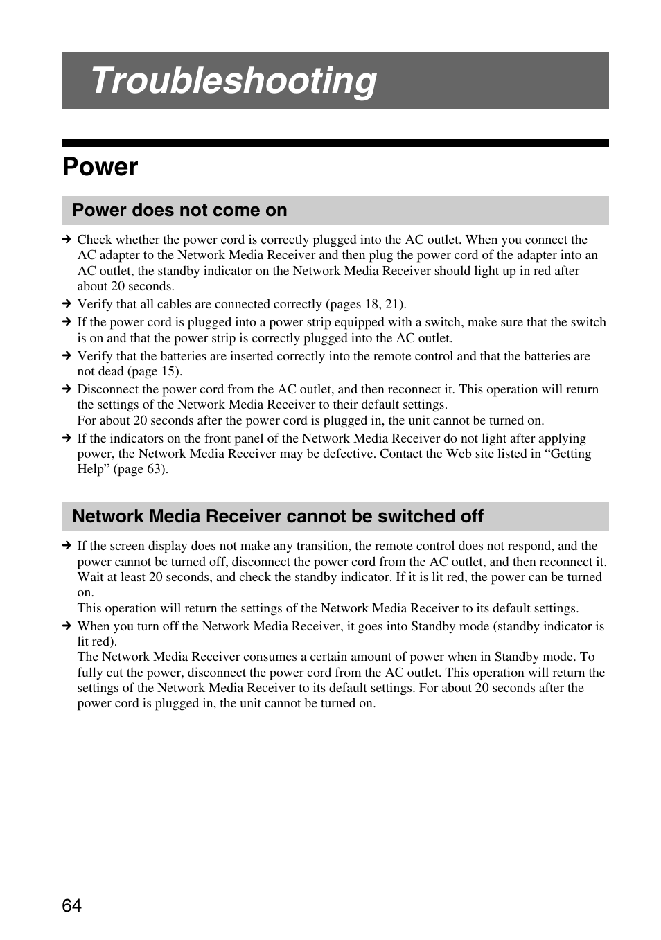 Troubleshooting, Power, Power does not come on | Network media receiver cannot be switched off, Switched off | Sony VGP-MR200U/E User Manual | Page 64 / 69