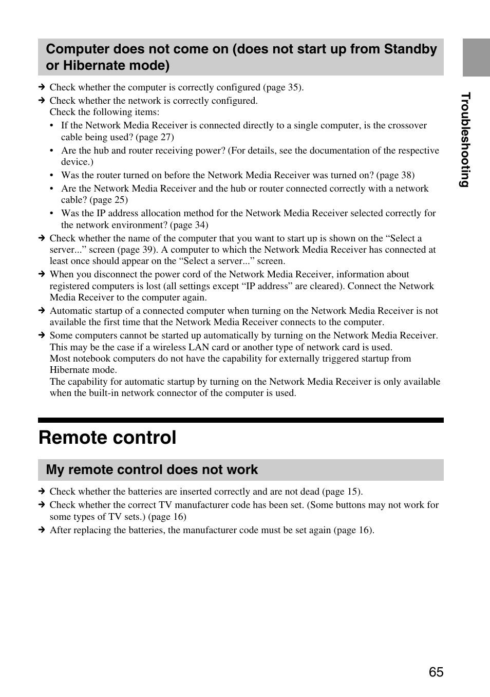 Remote control, My remote control does not work, Computer does not come on (does | Not start up from standby or hibernate mode), My remote control does not work 65 | Sony VGP-MR200U/E User Manual | Page 65 / 69