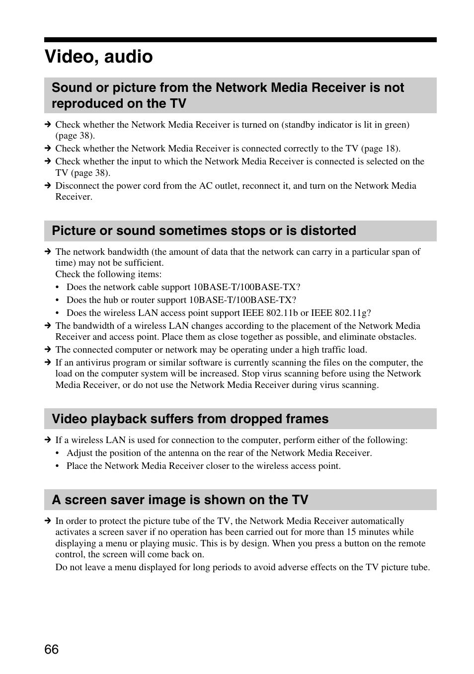 Video, audio, Picture or sound sometimes stops or is distorted, Video playback suffers from dropped frames | A screen saver image is shown on the tv, Sound or picture from the network, Media receiver is not reproduced on the tv, Picture or sound sometimes stops or, Is distorted, Video playback suffers from, Dropped frames | Sony VGP-MR200U/E User Manual | Page 66 / 69