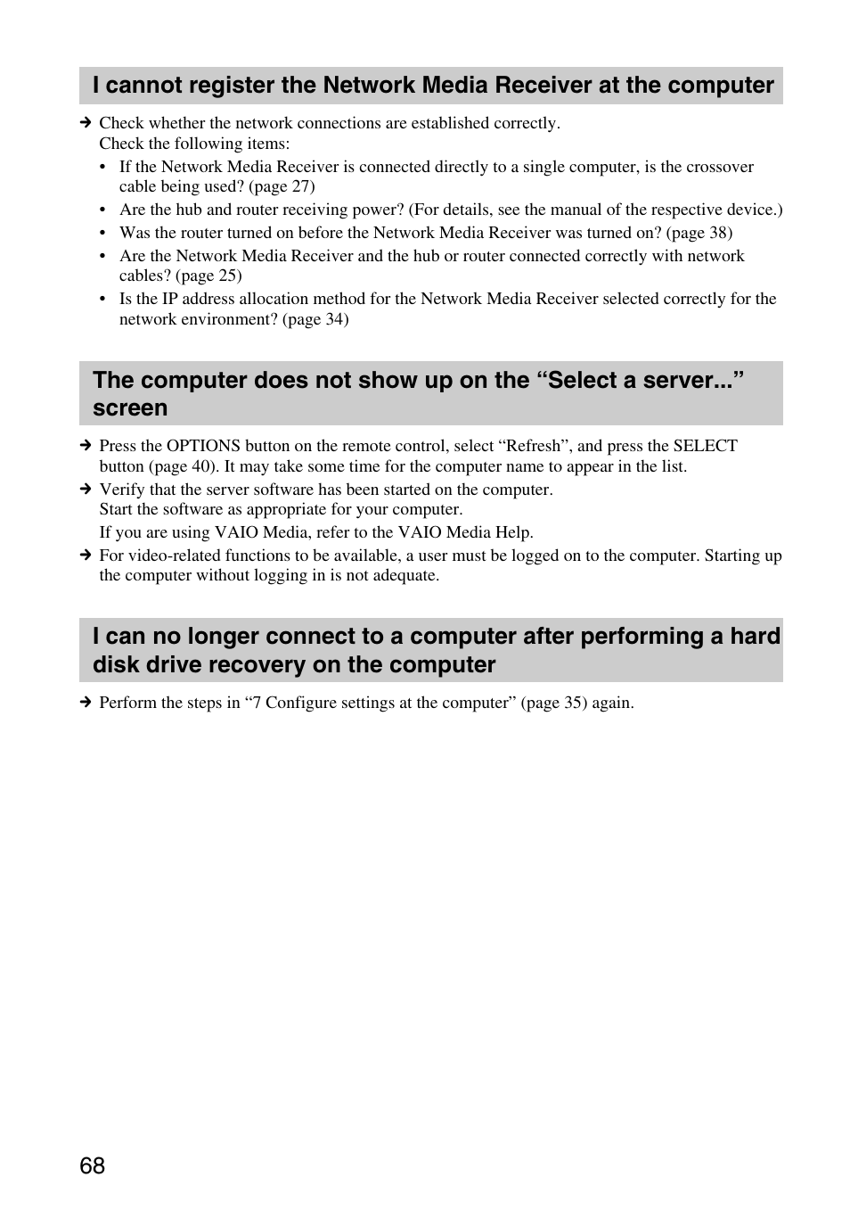 I cannot register the network media, Receiver at the computer, The computer does not show up on | The “select a server...” screen, I can no longer connect to a | Sony VGP-MR200U/E User Manual | Page 68 / 69