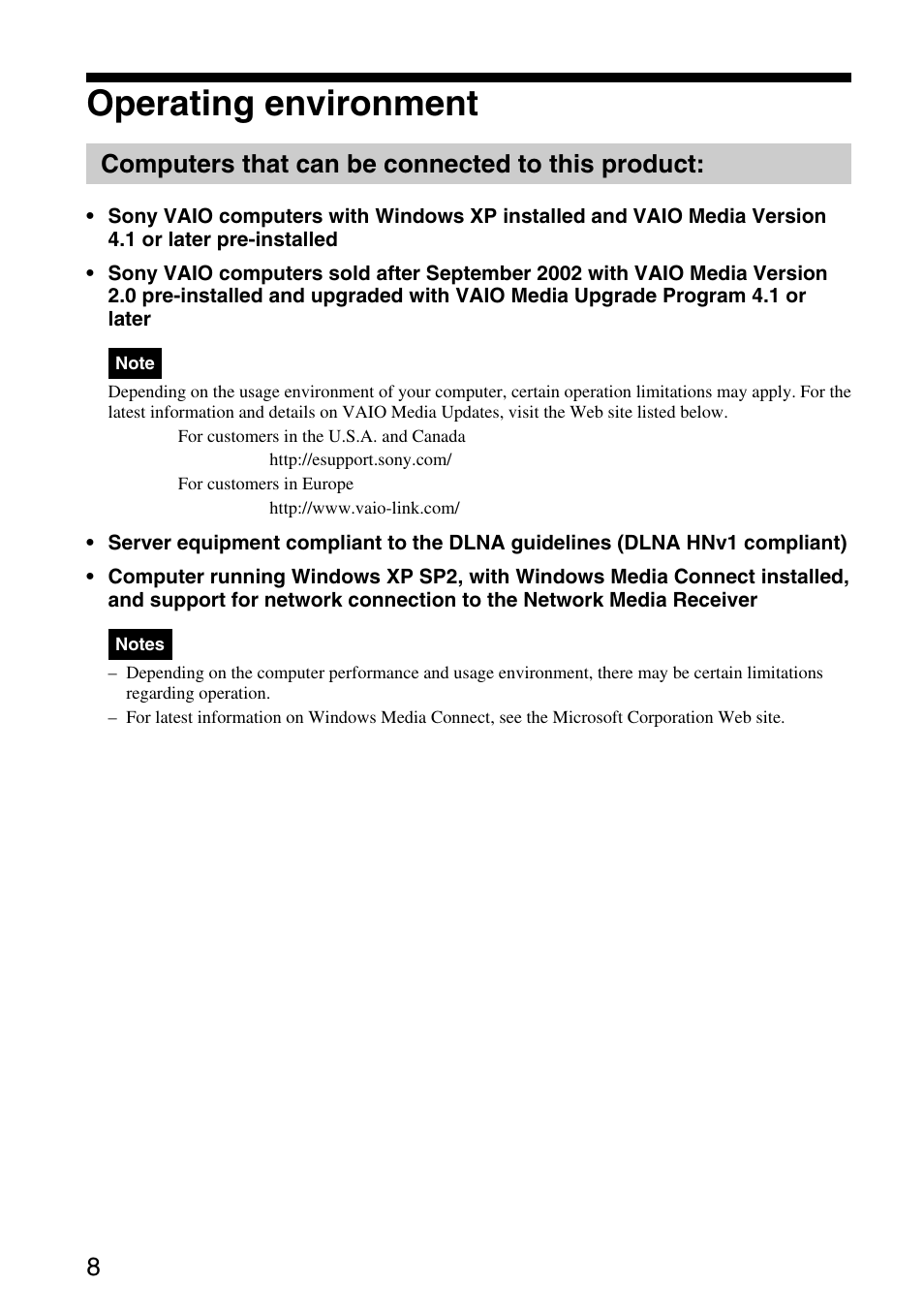 Operating environment, Computers that can be connected to this product, Computers that can be connected to | This product | Sony VGP-MR200U/E User Manual | Page 8 / 69