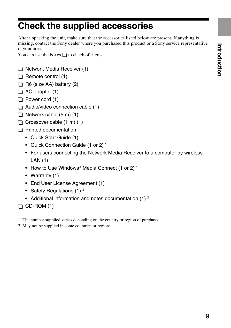 Check the supplied accessories | Sony VGP-MR200U/E User Manual | Page 9 / 69