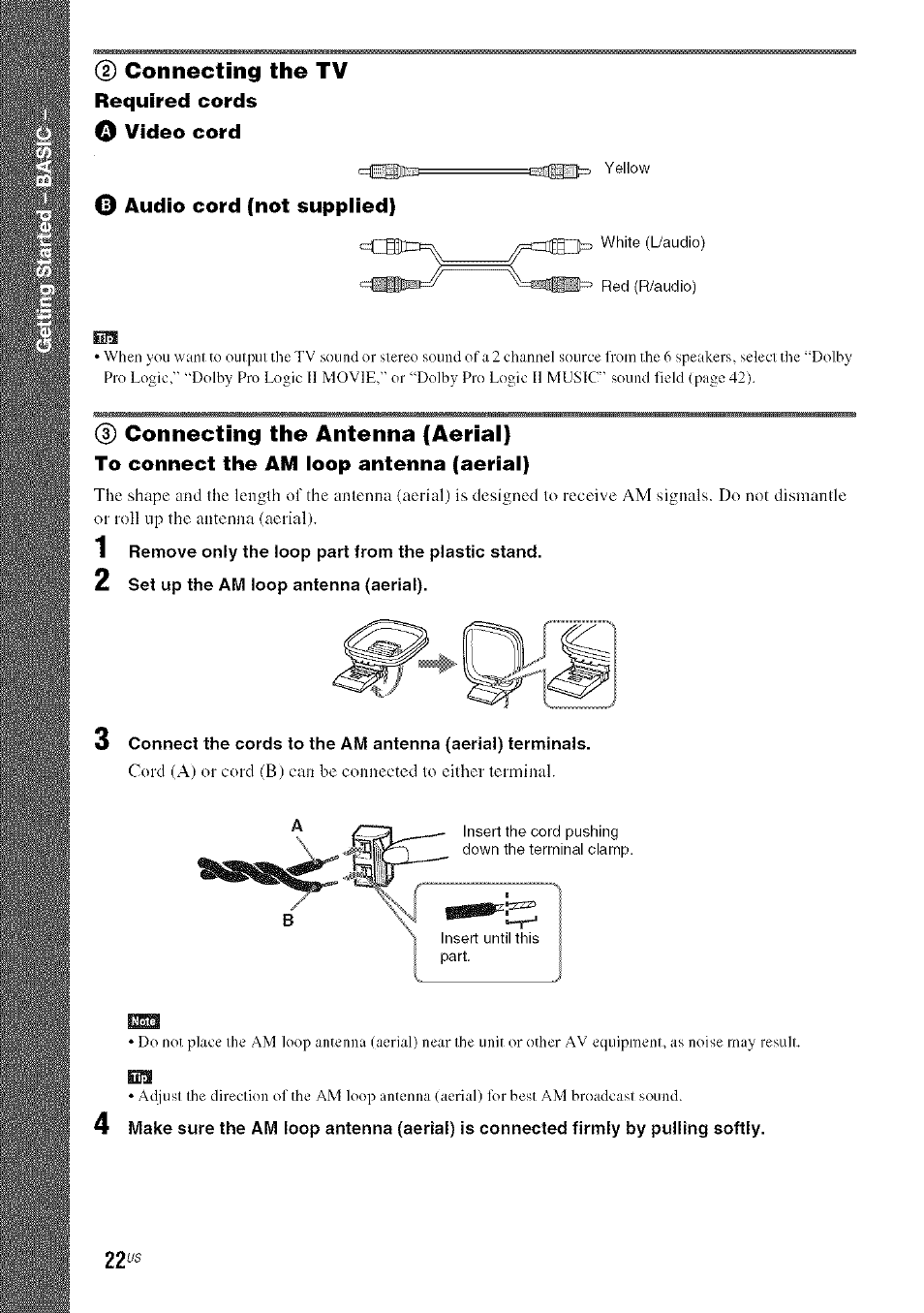 G) connecting the tv required cords о video cord, 3) connecting the antenna (aerial), To connect the am ioop antenna (aeriai) | Sony DA V-HDX5OO User Manual | Page 22 / 120