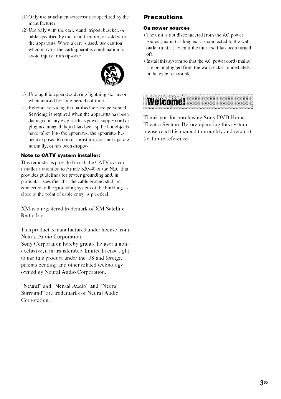 Precautions, Welcome | Sony DA V-HDX5OO User Manual | Page 3 / 120