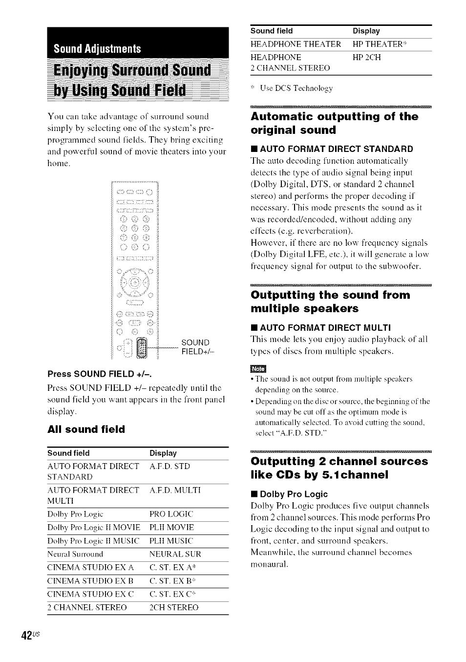 Enjoying surround sound by using sound field, Press sound field, All sound field | Automatic outputting of the originai sound, Auto format direct standard, Outputting the sound from multiple speakers, Auto format direct multi, Dolby pro logic, Sound adjustments | Sony DA V-HDX5OO User Manual | Page 42 / 120