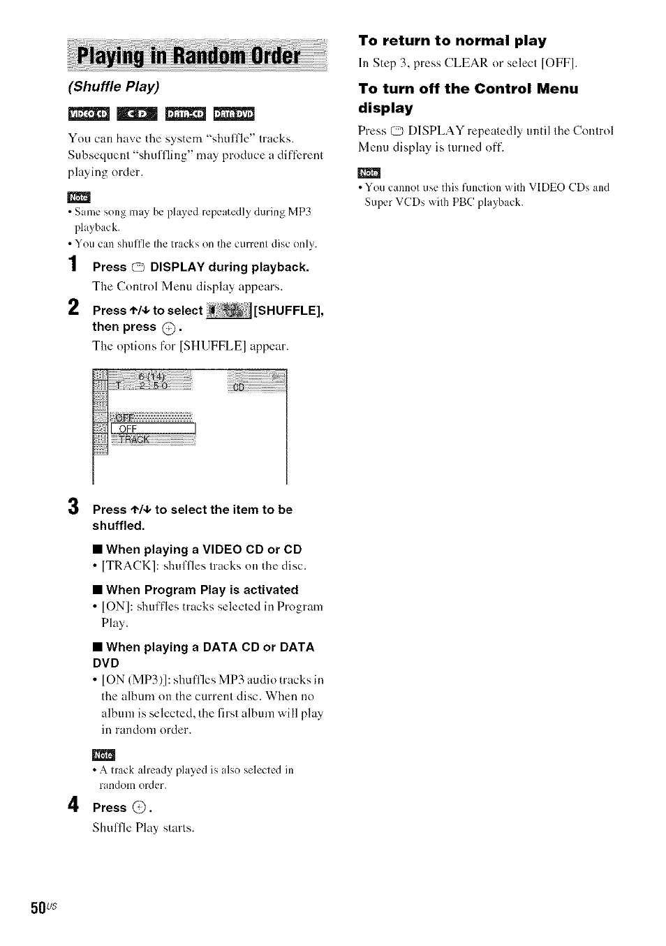 Playing in random order, To return to normal play, To turn off the control menu display | Sony DA V-HDX5OO User Manual | Page 50 / 120