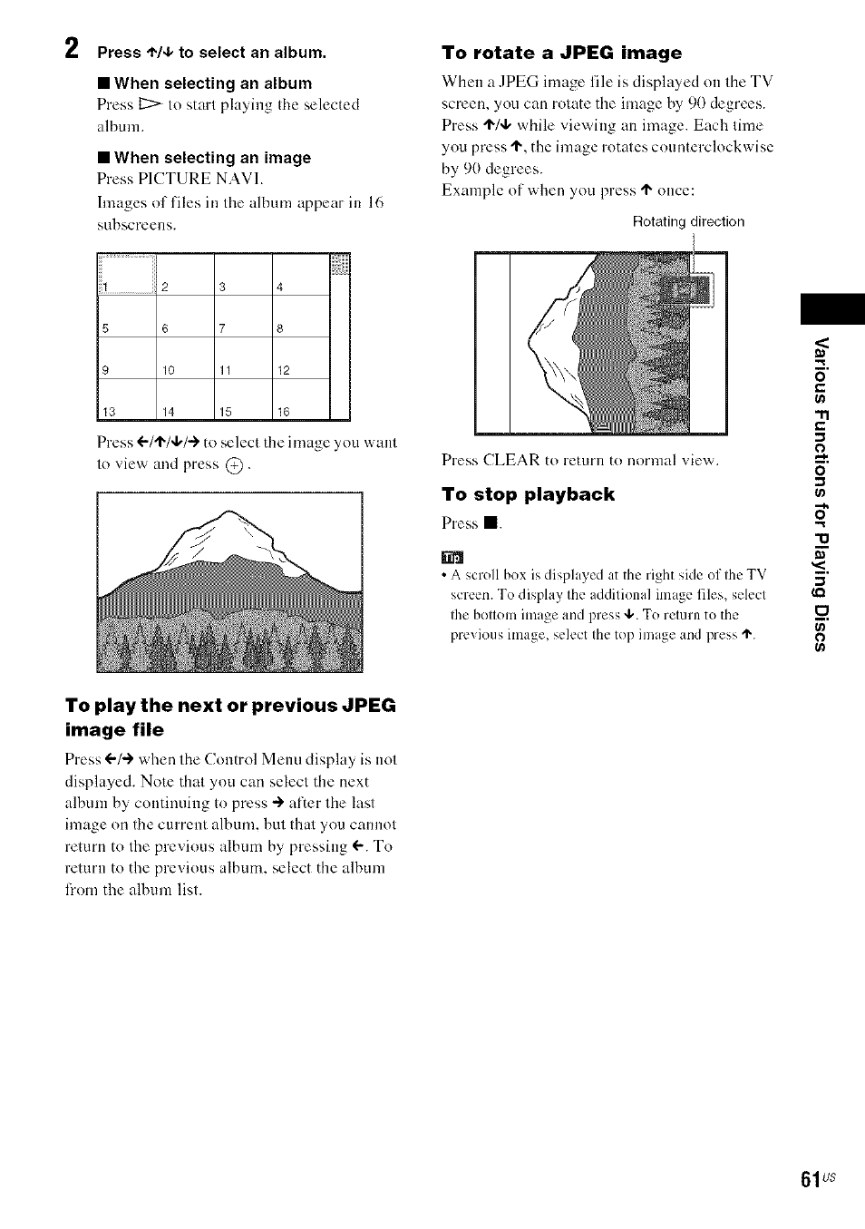 To stop playback, To play the next or previous jpeg image file | Sony DA V-HDX5OO User Manual | Page 61 / 120