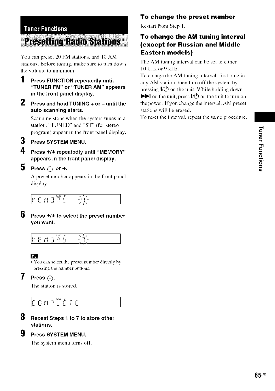 Presetting radio stations, To change the preset number, Tuner functions | Sony DA V-HDX5OO User Manual | Page 65 / 120