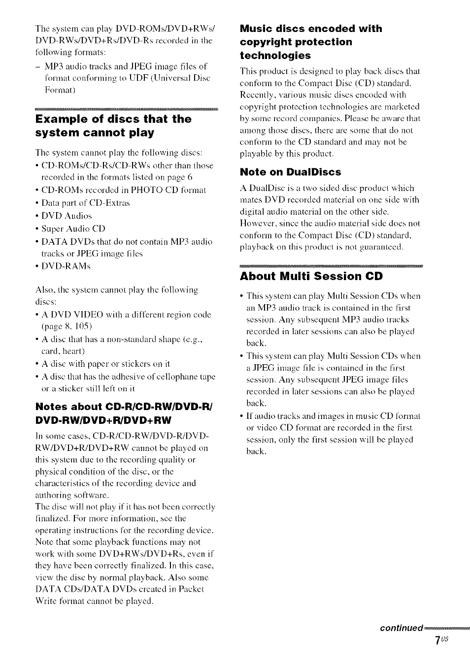 Example of discs that the system cannot play, Notes about cd-r/cd-rw/dvd-r/ dvd-rw/dvd+r/dvd+rw, Note on dualdiscs | About multi session cd | Sony DA V-HDX5OO User Manual | Page 7 / 120