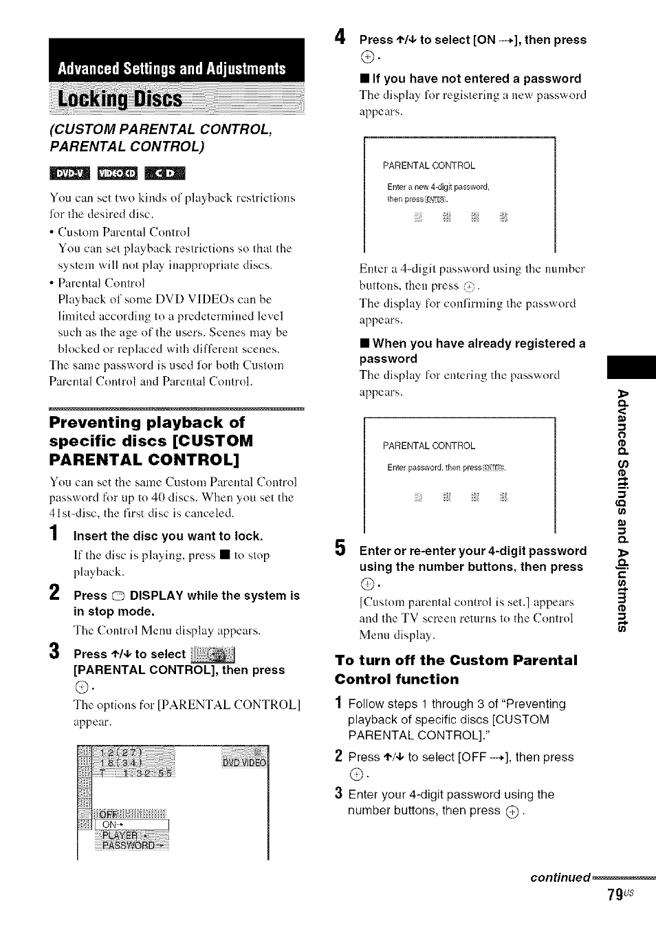 Locking discs, Advanced settings and adjustments | Sony DA V-HDX5OO User Manual | Page 79 / 120