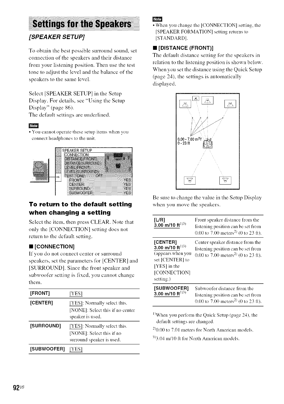 Settings for the speakers, Connection, Distance (front) | Sony DA V-HDX5OO User Manual | Page 92 / 120