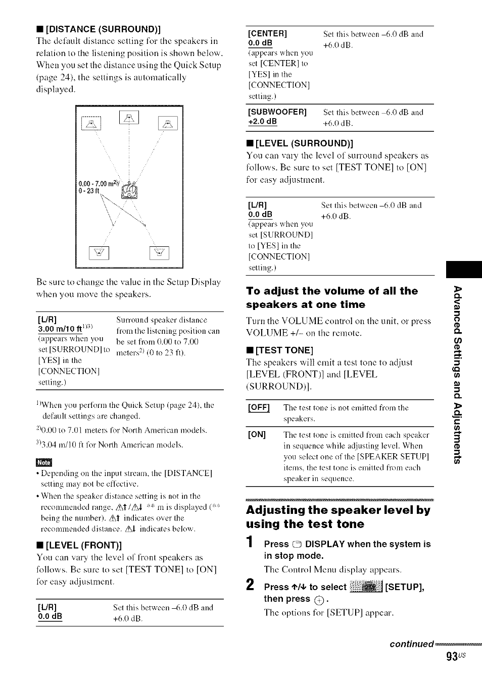 Adjusting the speaker level by using the test tone | Sony DA V-HDX5OO User Manual | Page 93 / 120