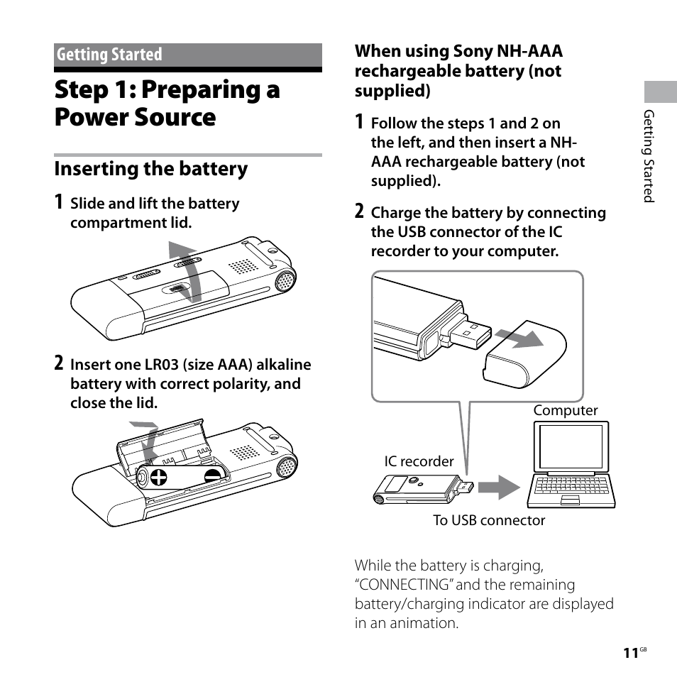 Getting started, Step 1: preparing a power source, Inserting the battery | Tment (11) | Sony ICD-UX60 User Manual | Page 11 / 68