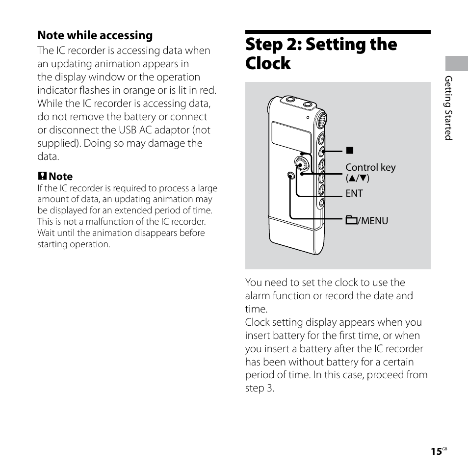 Step 2: setting the clock, Or (15, 17, 18, 25, 40 | Sony ICD-UX60 User Manual | Page 15 / 68