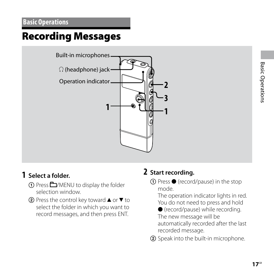 Basic operations, Recording messages, Eo) (17) | On (17, 25, 32, On (17, 18, 21 | Sony ICD-UX60 User Manual | Page 17 / 68