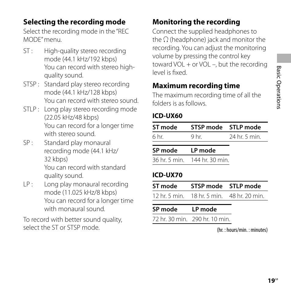 Selecting the recording mode, Monitoring the recording, Maximum recording time | Sony ICD-UX60 User Manual | Page 19 / 68