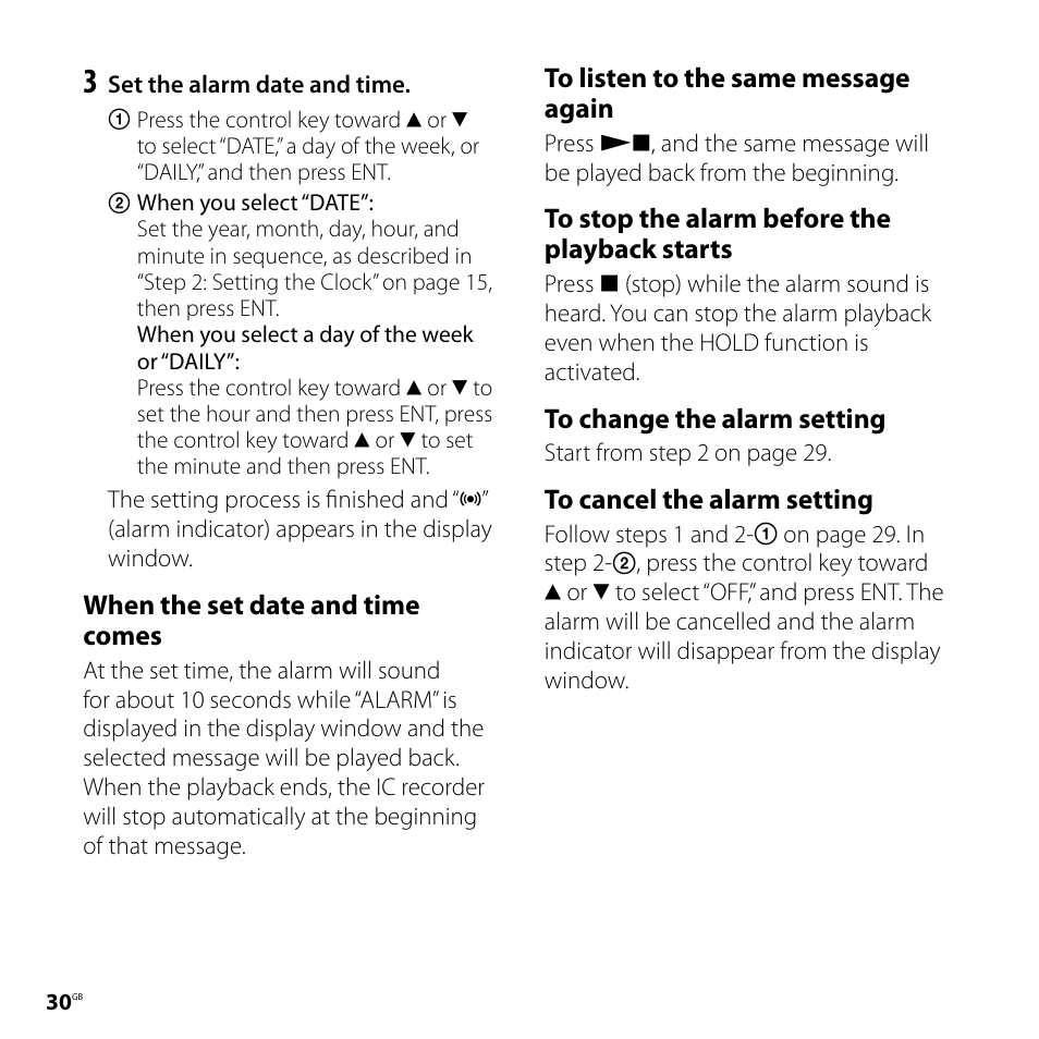 When the set date and time comes | Sony ICD-UX60 User Manual | Page 30 / 68