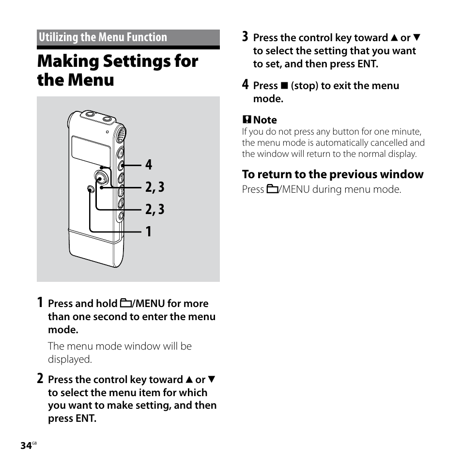 Utilizing the menu function, Making settings for the menu | Sony ICD-UX60 User Manual | Page 34 / 68