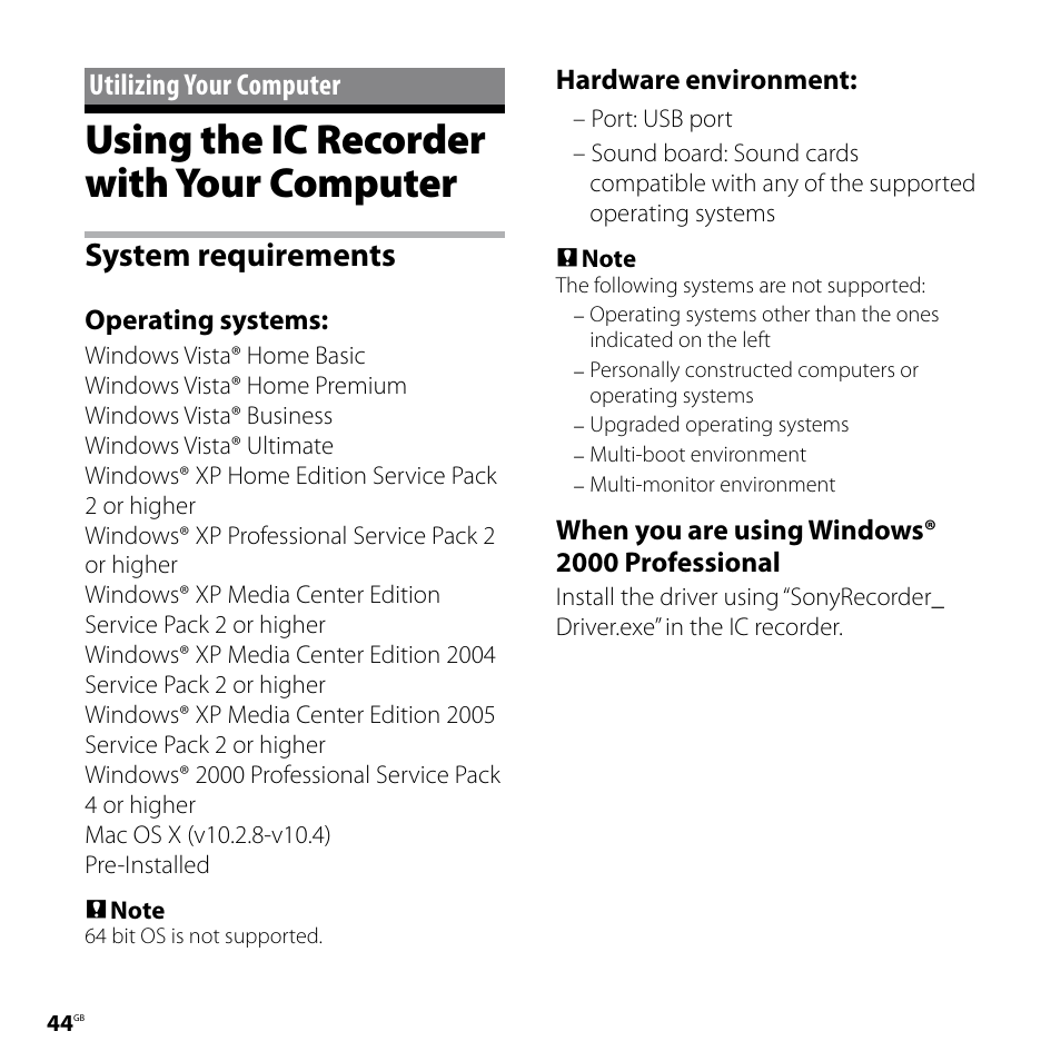 Utilizing your computer, Using the ic recorder with your computer, System requirements | Using the ic recorder with your, Computer | Sony ICD-UX60 User Manual | Page 44 / 68