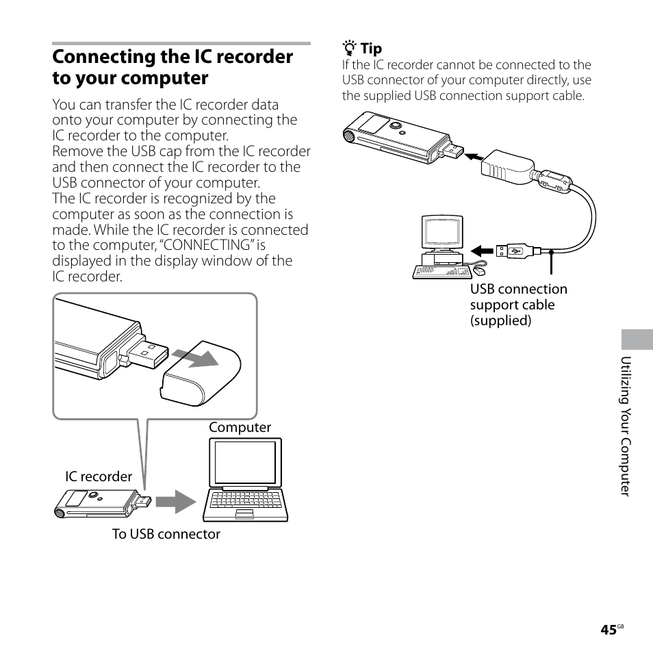 Connecting the ic recorder to your computer, Connecting the ic recorder to, Your computer | Sony ICD-UX60 User Manual | Page 45 / 68