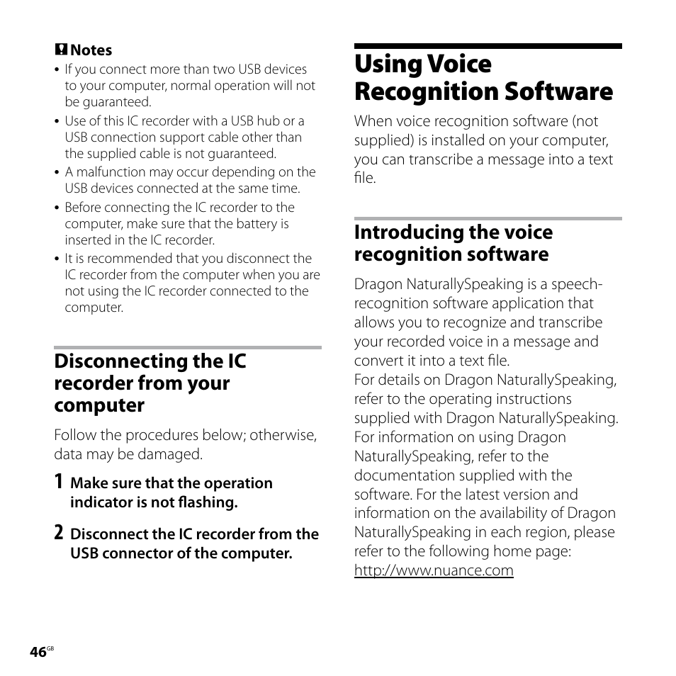 Disconnecting the ic recorder from your computer, Using voice recognition software, Introducing the voice recognition software | Disconnecting the ic recorder, From your computer, Introducing the voice, Recognition software | Sony ICD-UX60 User Manual | Page 46 / 68