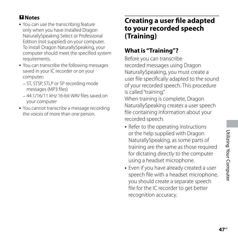Creating a user file adapted to, Your recorded speech, Training) | What is “training | Sony ICD-UX60 User Manual | Page 47 / 68