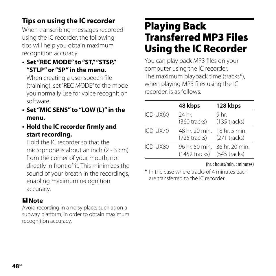 Playing back transferred mp3 files, Using the ic recorder | Sony ICD-UX60 User Manual | Page 48 / 68